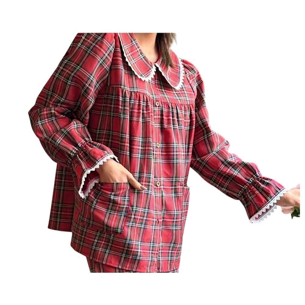 Red Plaid Cottagecore Holiday Blouse Peter Pan Collar